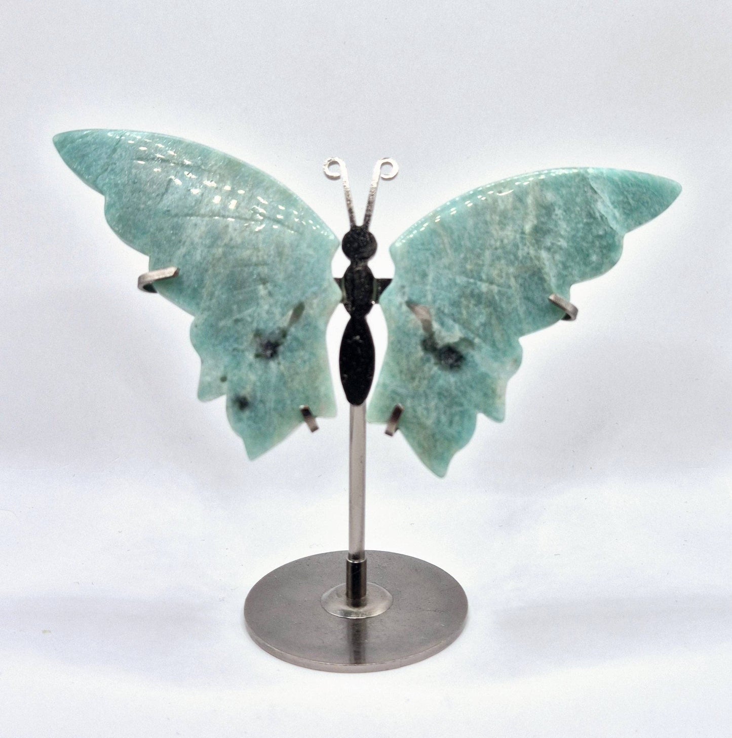 Blue Amazonite Butterfly Crystal Carving with Metal Stand