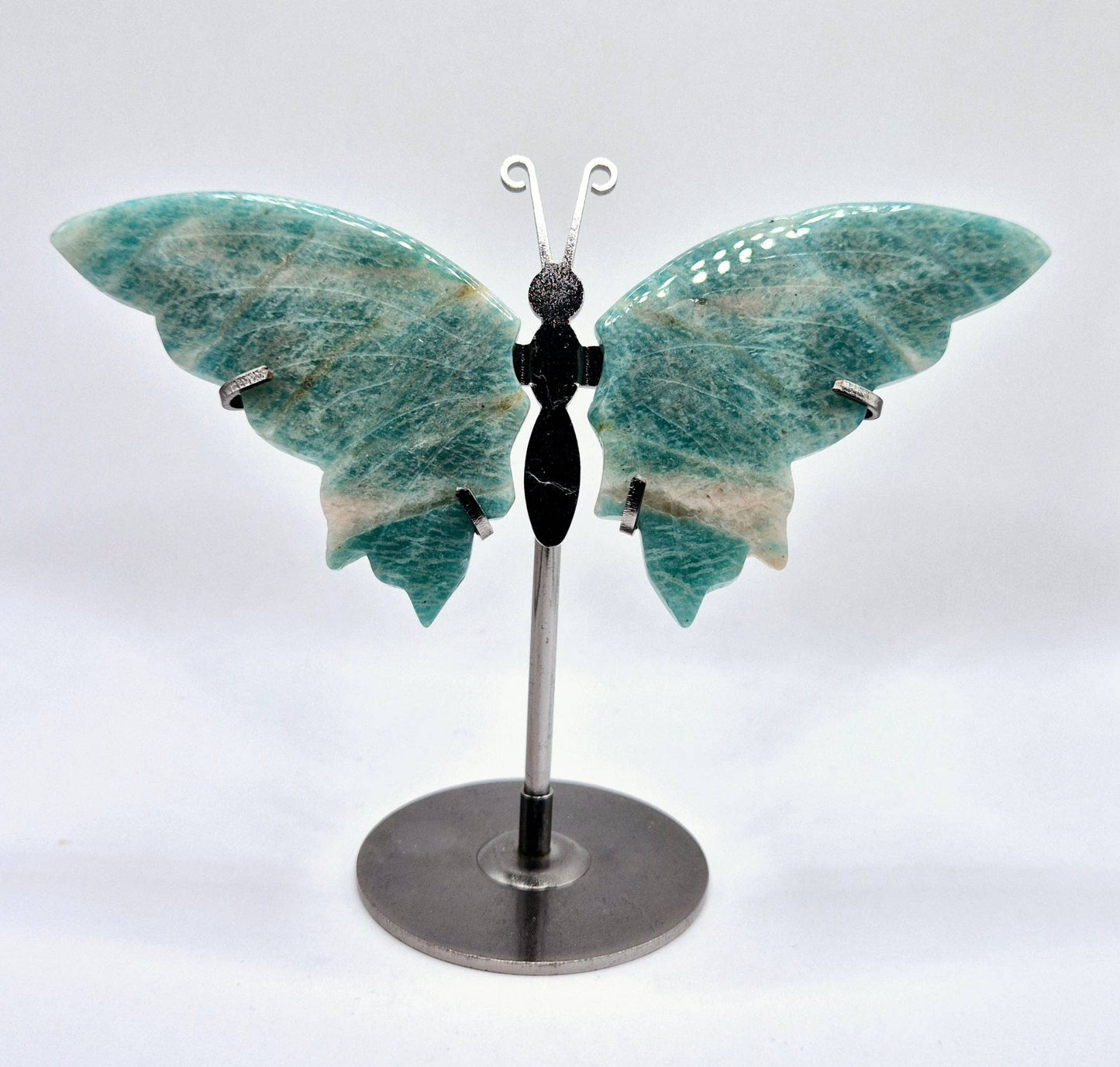 Blue Amazonite Butterfly Crystal Carving with Metal Stand
