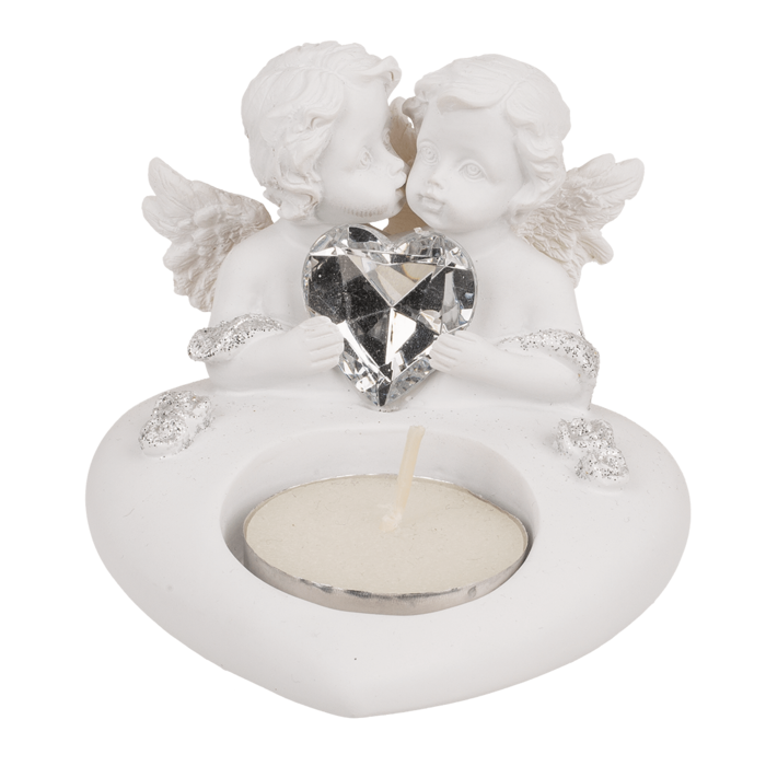 Polyresin heart tealight holder with double angel