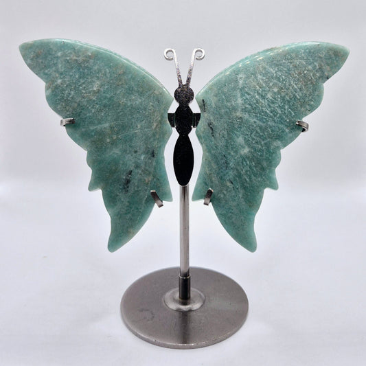 Blue Amazonite Butterfly Crystal Carving with Metal Stand