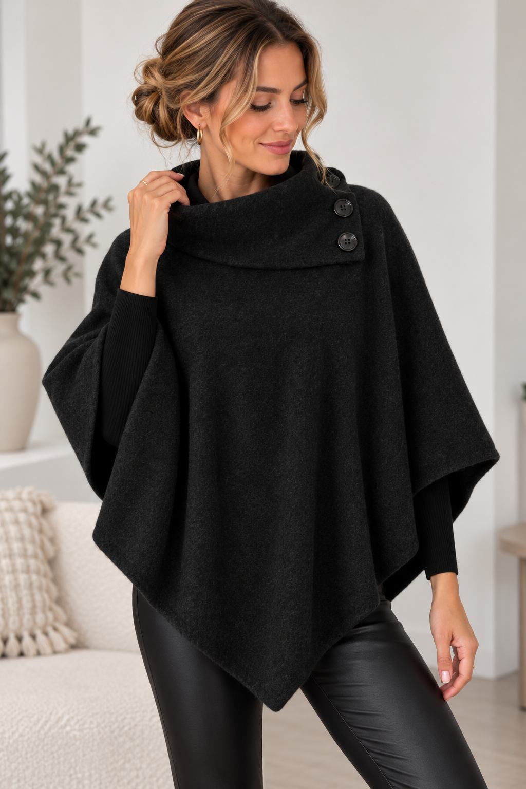 Poncho med høy hals og knappedetaljer
