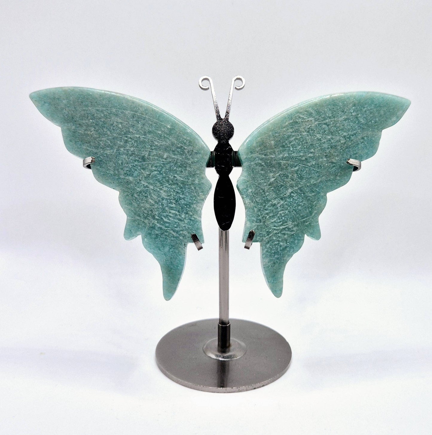 Blue Amazonite Butterfly Crystal Carving with Metal Stand